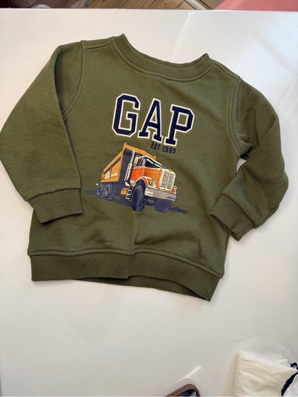 GAP Olive Green Crewneck Sweatshirt with Orange Truck Graphic